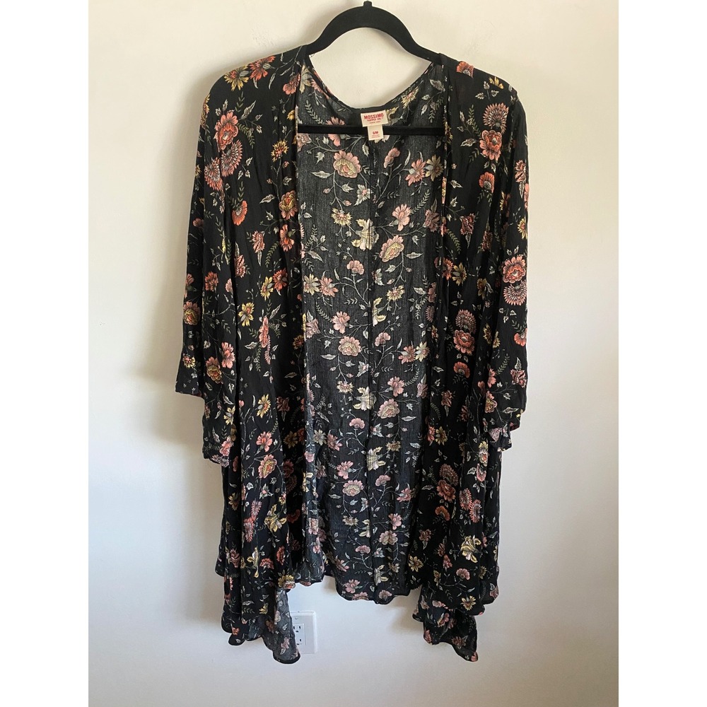 Mossimo Supply Co Womens Black Floral Kimono Cardigan Open Front S/M Rayon Boho